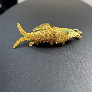 Vintage Articulated Filigree Fish Pendant with Turquoise Eyes